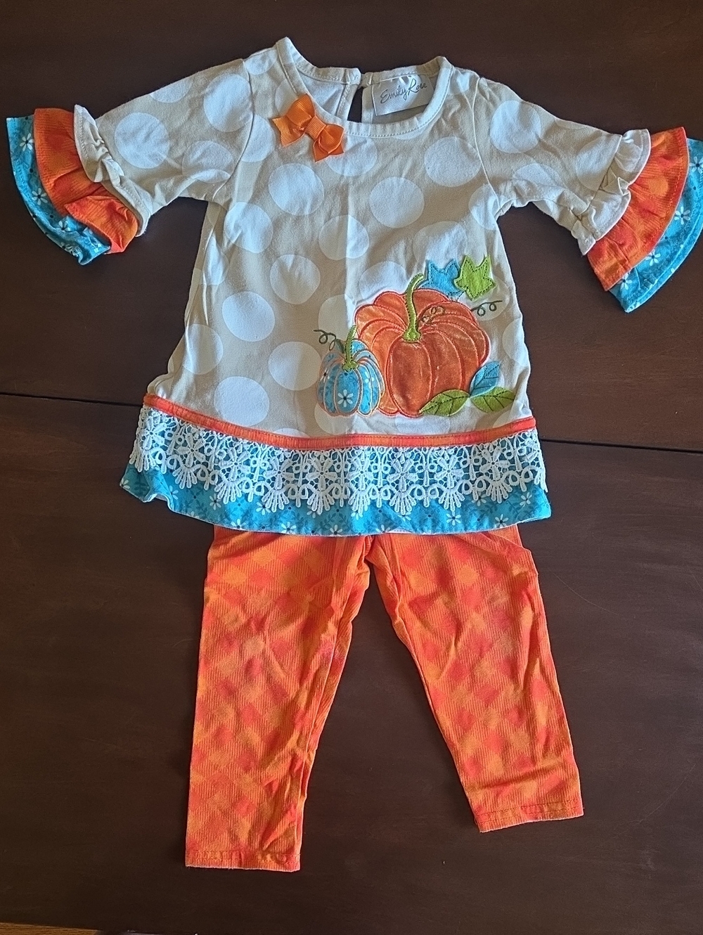 Emily Rose Cream Polka Dot Pumpkin Top with Orange & Turquoise Accents